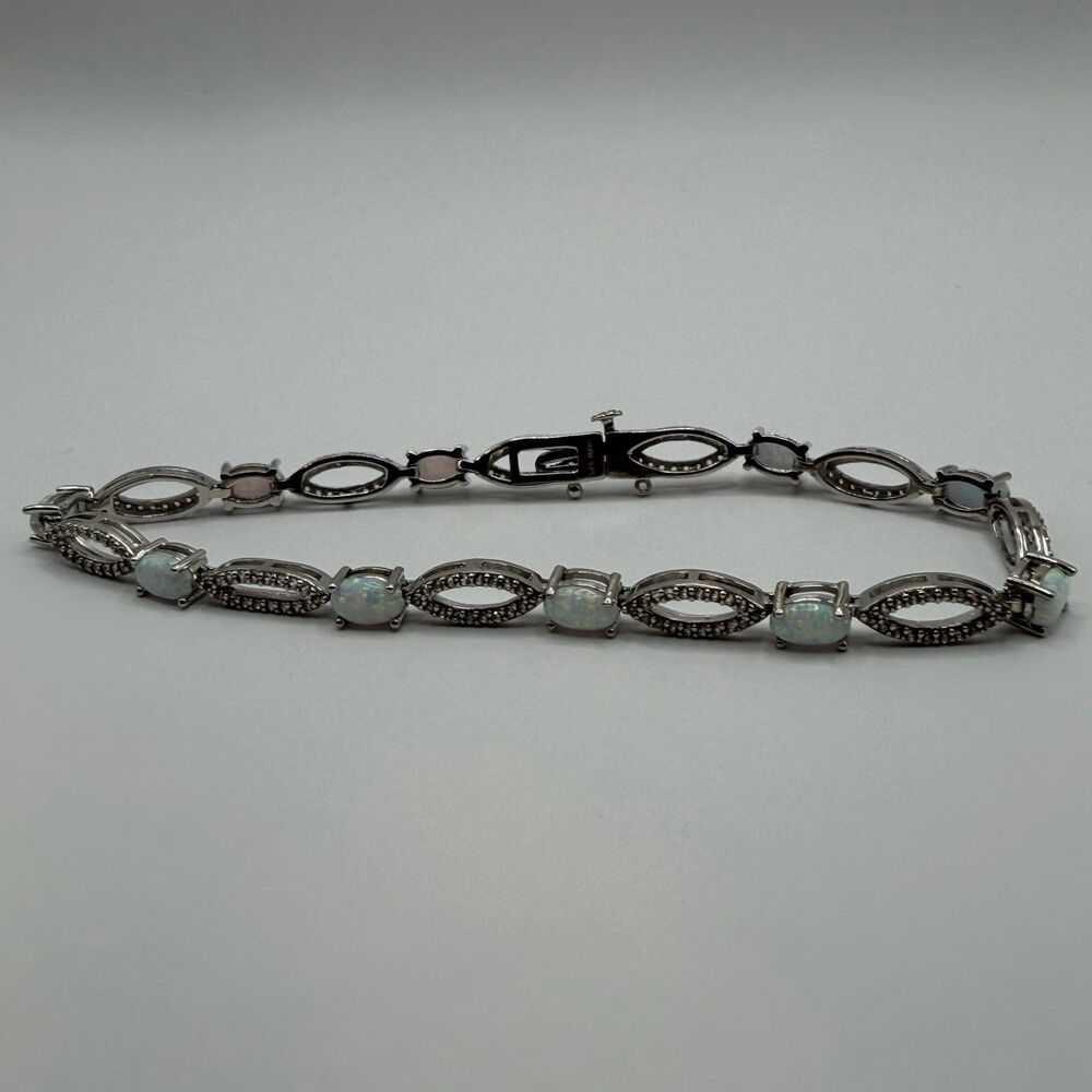 925 Sterling Silver White Opal Marcasite Tennis Bracelet 7.75" 7.8g